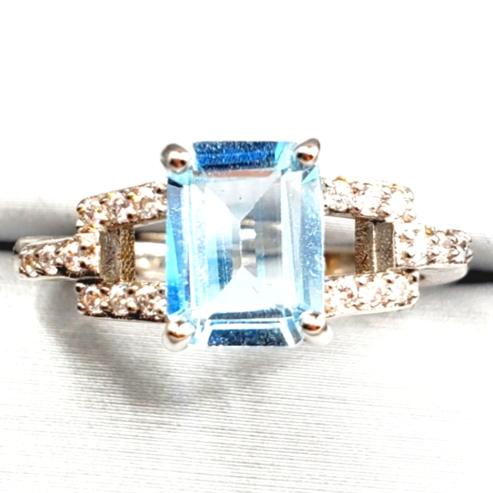 Emerald Cut Sky Blue Topaz & Diamond 925 Sterling Silver Ring